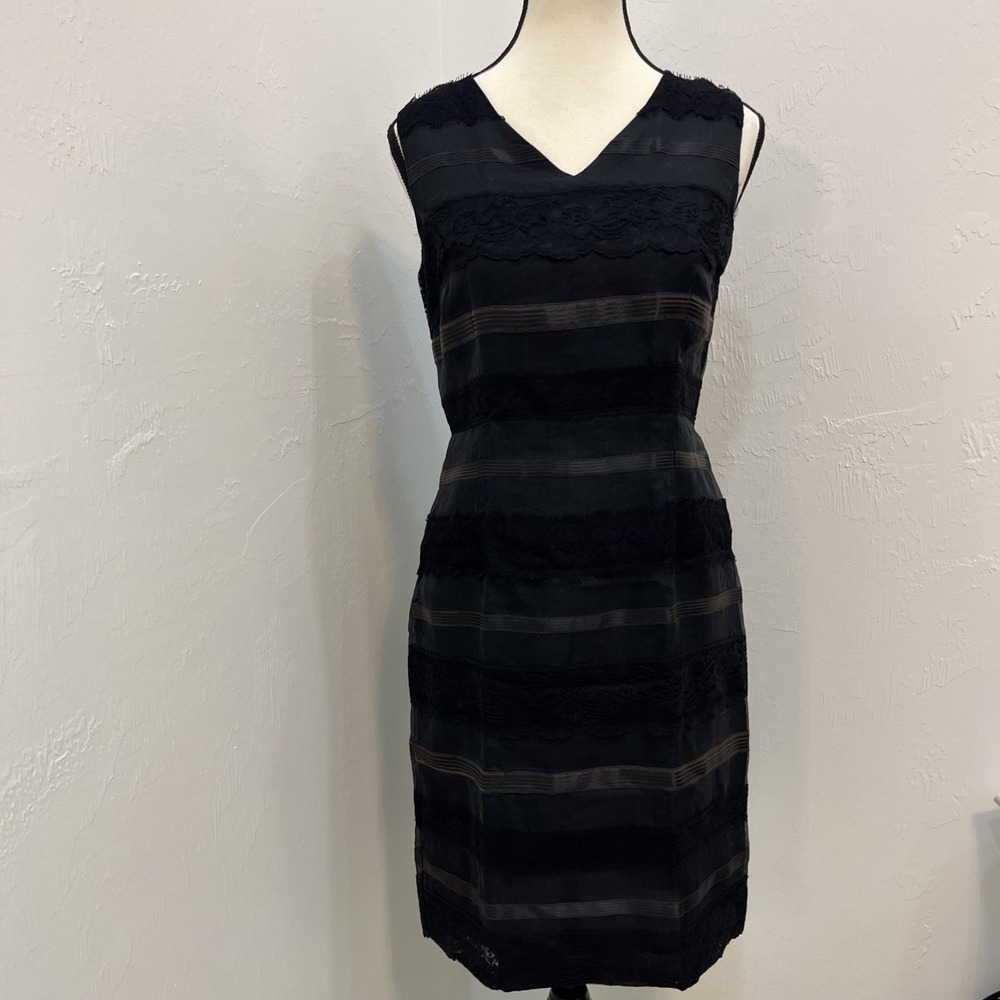 Maggy London Petites Black 100%‎ Silk Lace Striped V-Neck Sheath Dress Size 6P